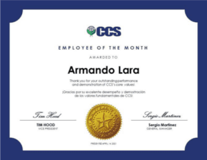 CCS Employee of the Month Certificate