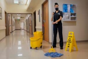 ccs employee moping the hallway of a hospital facility